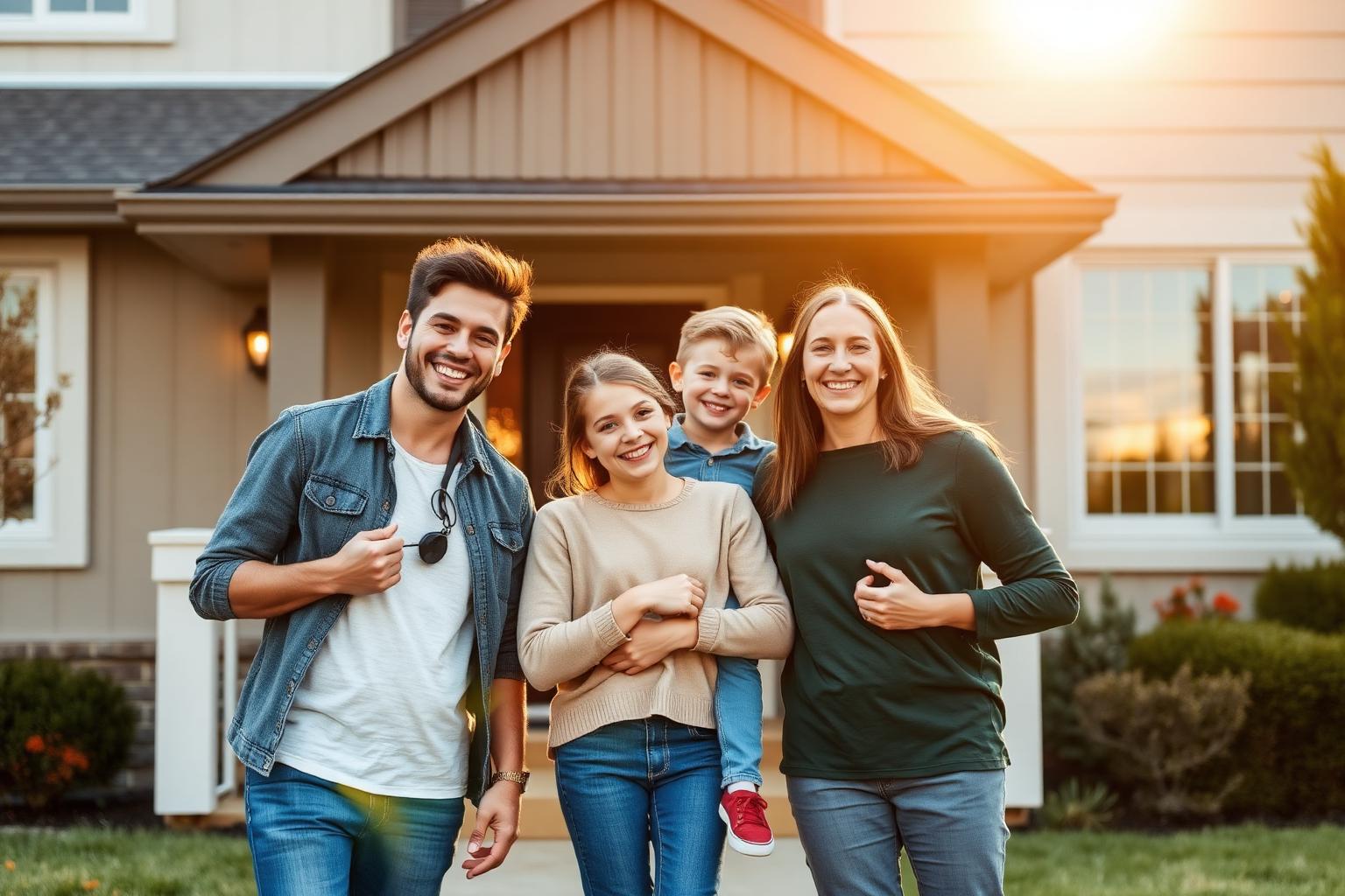 Happy family standing in front of their protected home